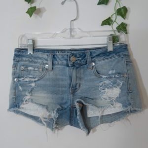 AE Low-Rise Frayed Denim Shorts w/ Lace Pockets